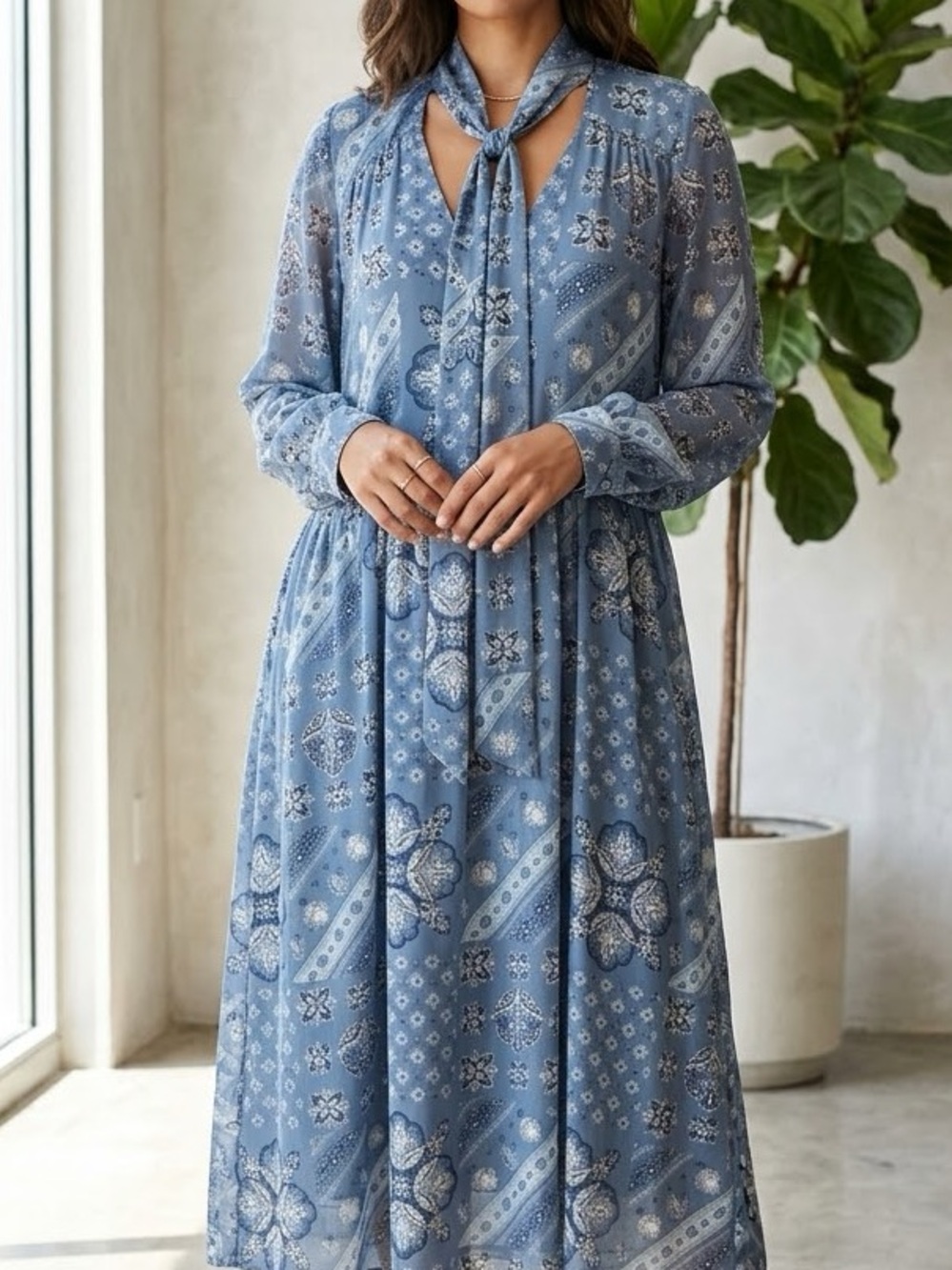 Michel Studio Blue Floral Tie-Neck Dress